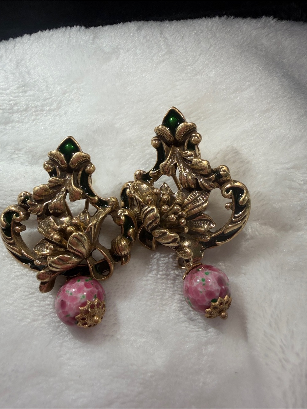 Kenneth Jay Lane Gold Floral Drop Earrings with Pink and Green Accents